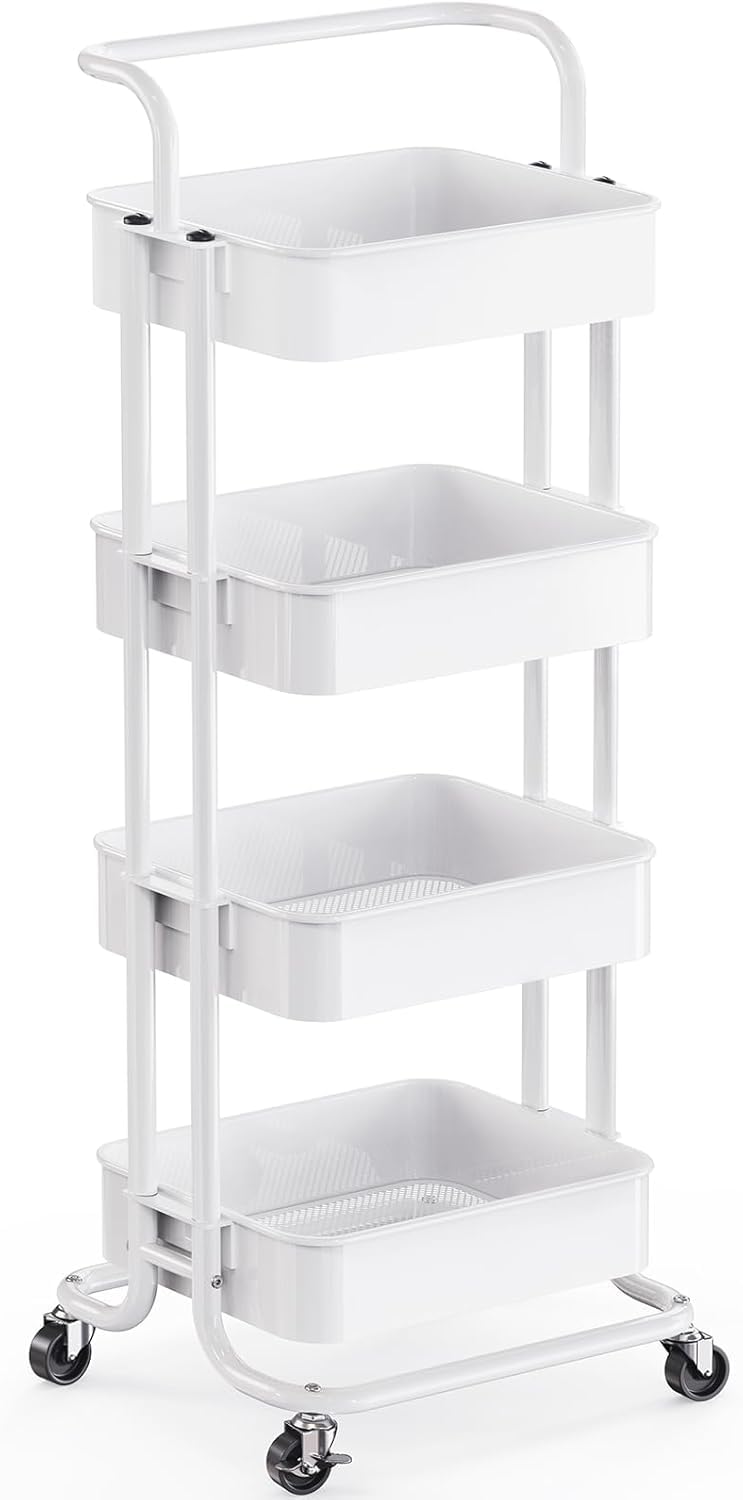 Pipishell 3 Tier Rolling Cart, Utility Cart with Wheels & Handle, White