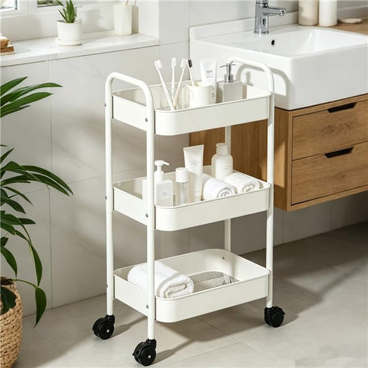 3-Tier Metal Rolling Utility Cart with Handle, Multi-Functional Storage Trolley for Office, Living Room, Kitchen, Movable Storage Organizer with Wheels, White