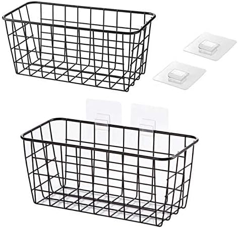 Lele No Drilling Wall Hanging Mounted Metal Wire Baskets with Free Wall Hooks, Kitchen Organization and Storage, Hanging Fruit, Set of 2 Black