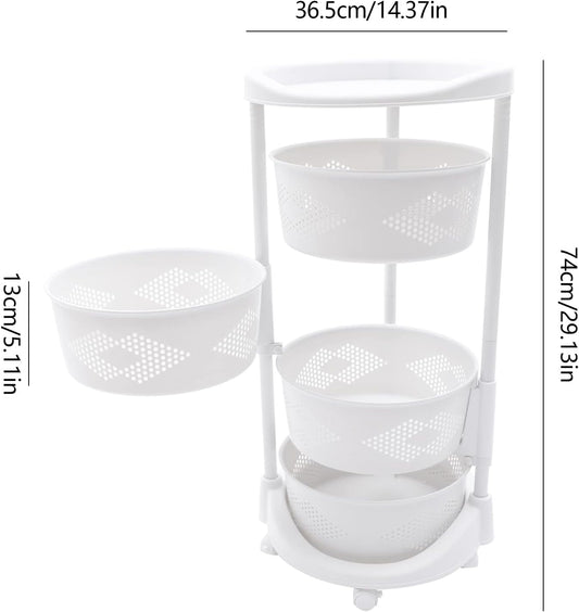 4-Tier Adjustable Kitchen Storage Rack,4 Layer Rotating Vegetable Organizer with Lockable Casters,Multi-Layers Rotatable Baskets for Kitchen Bathroom Living Room,White