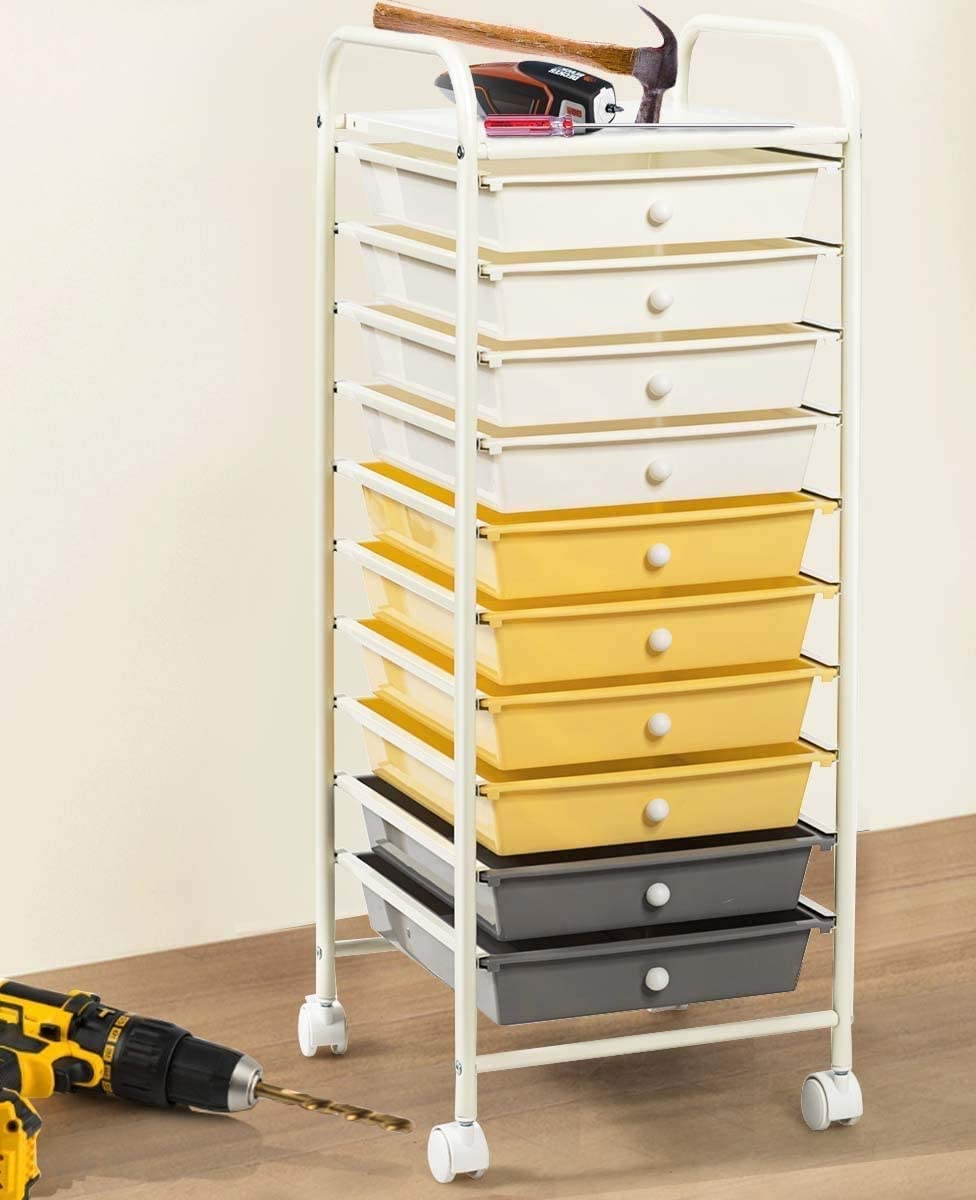 Happygrill 10-Drawer Storage Cart, Utility Cart with Removable Drawers & Metal Frame, Rolling Storage Cart with Lockable Wheels for Home, Office, Multicolor