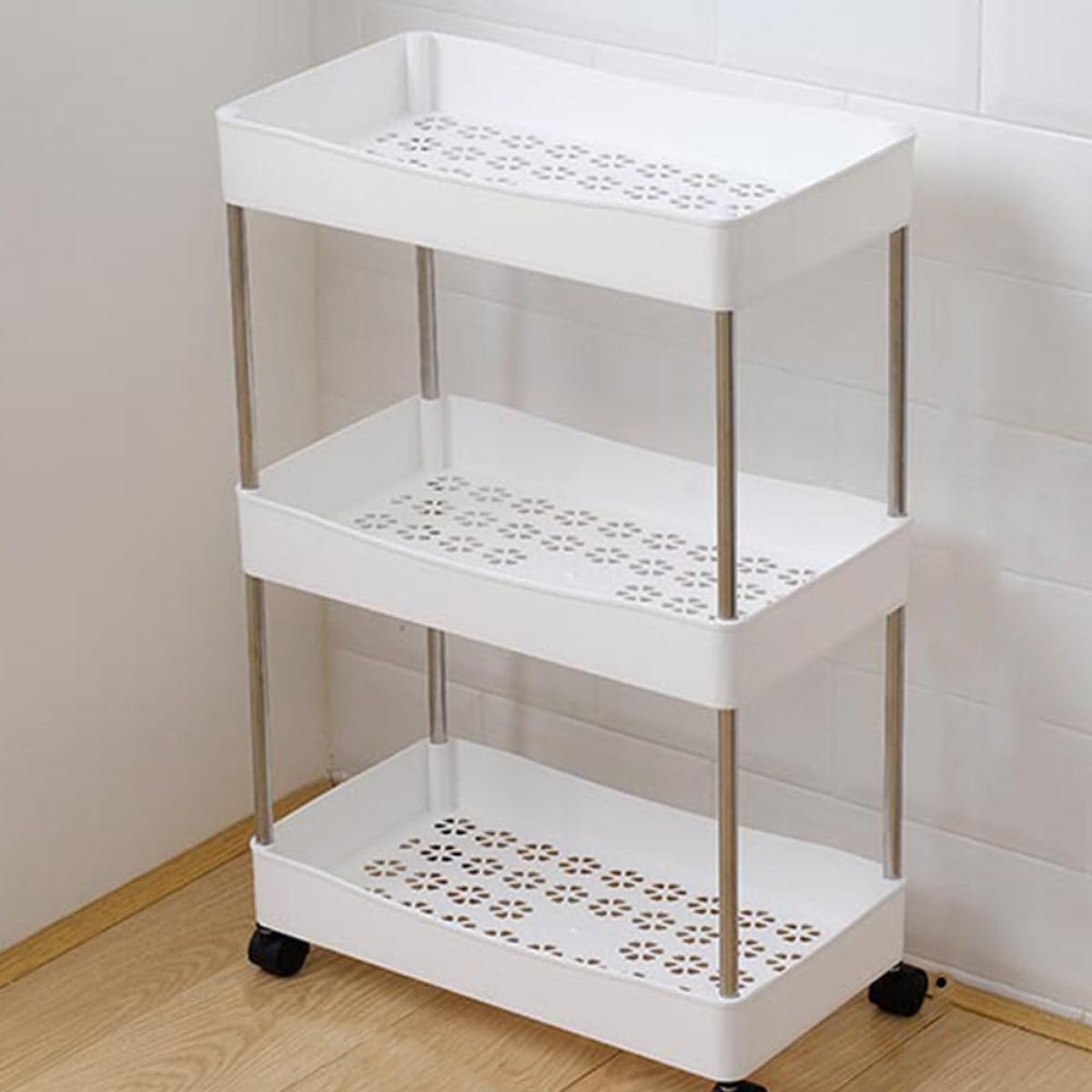 Rolling Storage Rack with Wheels 3 Shelf for Kitchen Balcony Use