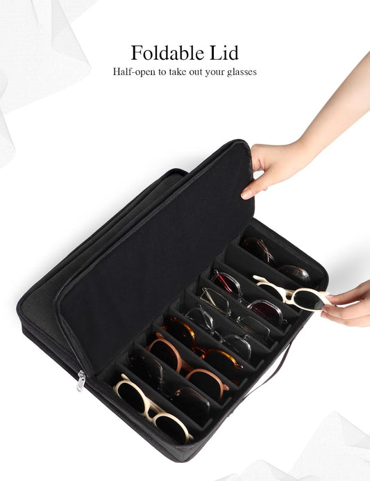 Bukere Sunglasses Organizer Case, 18 Adjustable Slots for Multiple Pairs Eyeglasses, Travel Glasses Holder Storage Box