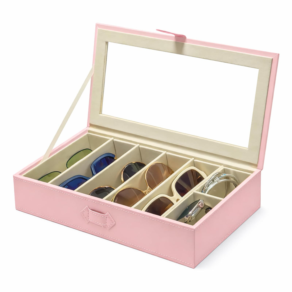 UnionPlus Sunglasses Case Organizer, Multiple Sunglasses Eyeglass Glasses Display Holder Collector, 5 Slots for Sunglasses Storage and 2 Small Slots for Accessories, Pink