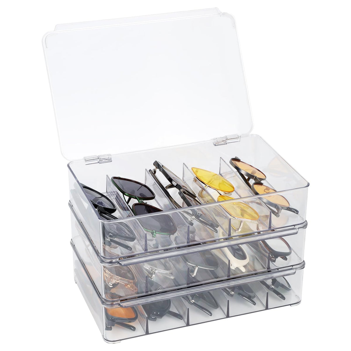 FORUP Sunglasses Organizer, Plastic Stackable Eyeglass Case Storage Organizer, Sunglass Glasses Storage Box with Hinged Lid