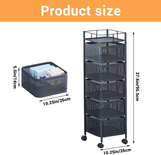 5 Tier Rotating Rolling Storage Cart with Top Lid & 360° Wheels, Metal Mesh Rolling Cart Organizer for Fruits Vegetables Groceries Potato Onion Corns, Kitchen Storage Cart No Assembly, White