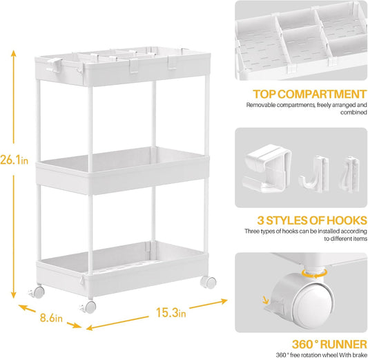 SPACELEAD 3 Tier Rolling Cart with Wheels, Storage Craft Art Trolley Organizer Serving, 3 Hanging Baskets Easy Assembly, for Office, Bathroom,Living Room, Kitchen, White