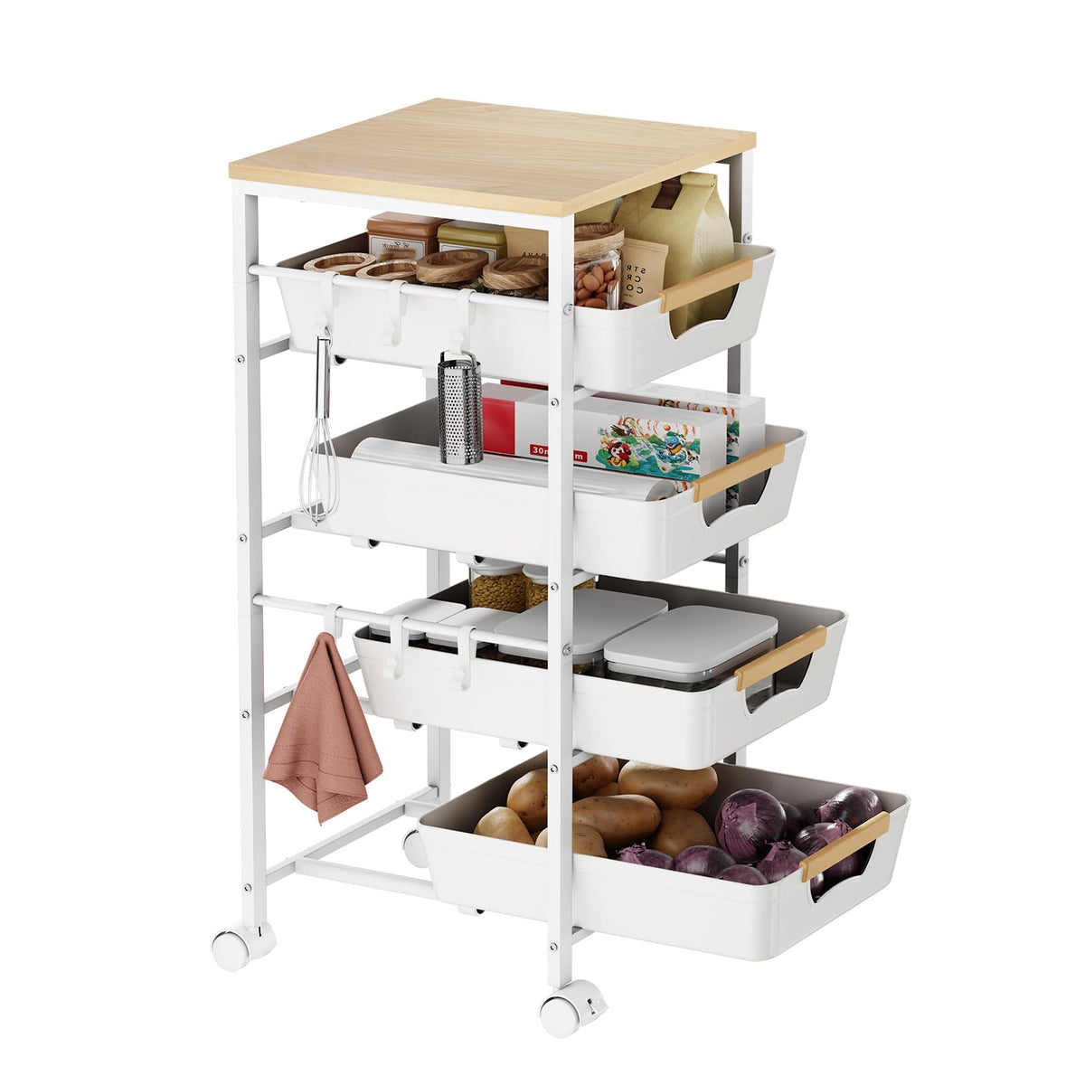 5-Tier Kitchen Storage Cart, Wood Top Rolling Cart Organizer with Pull-Out Baskets & Wheels, Metal Snack Cart with Holder for Fruit, Vegetable, Microwave, Kitchen, Pantry, Black