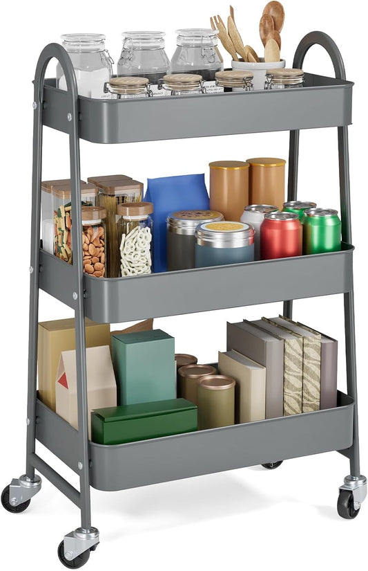 3 Tier Rolling Storage Cart with Lockable Wheels and Handle, Multi Purpose Utility Organizer Cart with Shelves for Kitchen Bathroom Office, Mobile Storage Trolley with Durable Frame