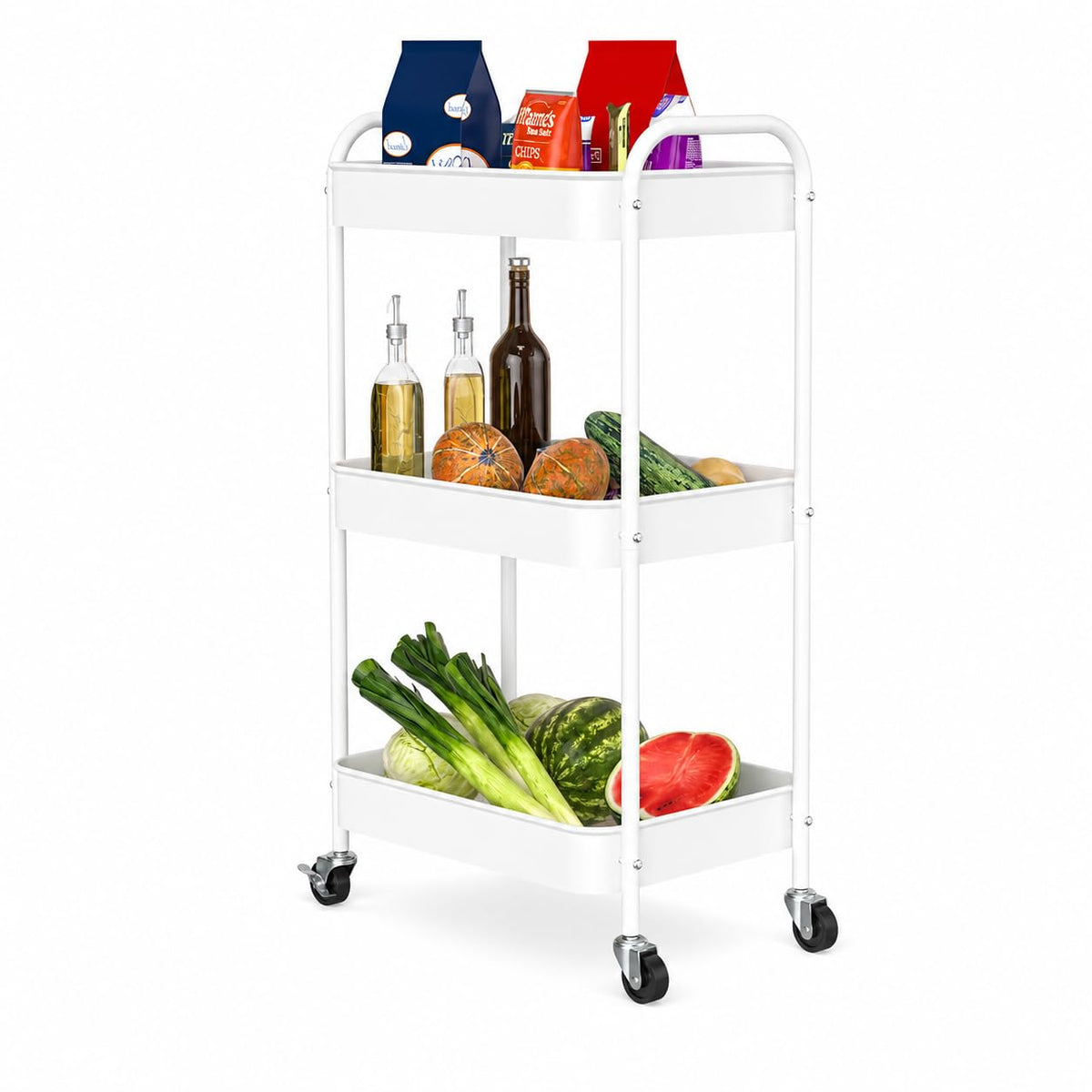 3-Tier Rolling Cart, Metal Utility Storage Carts with Wheels, Black