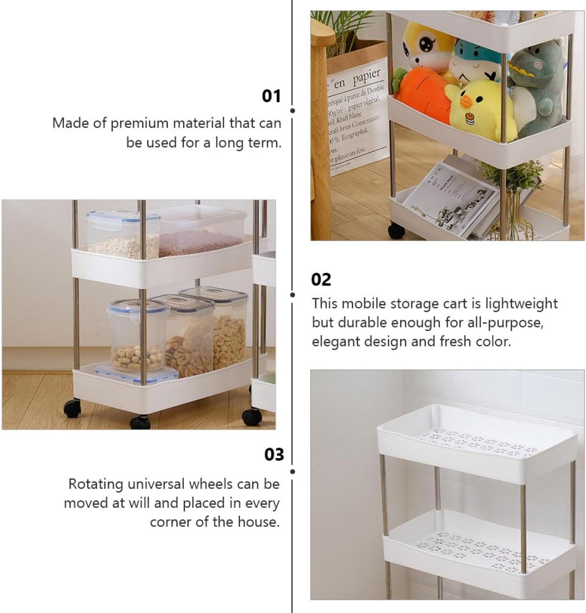 Homoyoyo Trolley Storage Shelf Cart with 3 Shelves and Rolling Wheels
