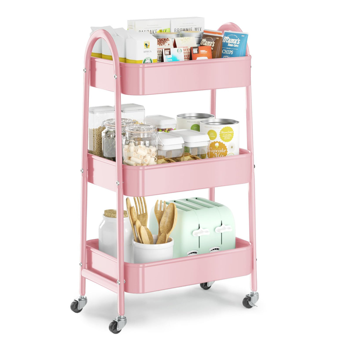 EAGMAK 3 Tier Utility Rolling Cart, Metal Storage Cart with Handle and Lockable Wheels, Multifunctional Storage Organizer Trolley with Mesh Baskets for Kitchen, Living Room, Office, Garage (Black)