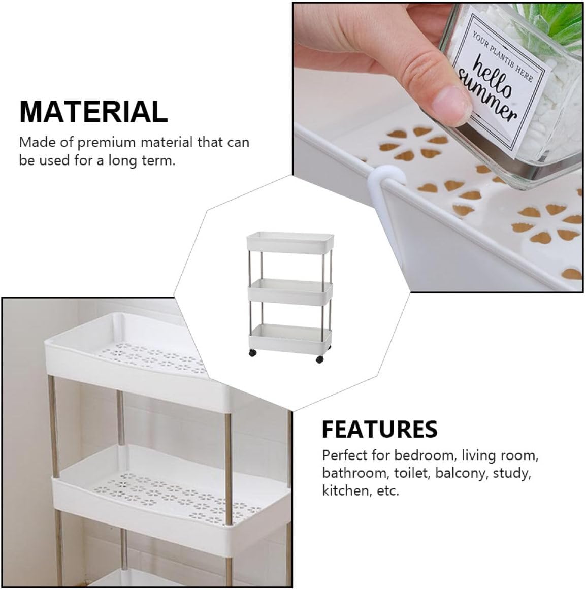 Rolling Storage Rack with Wheels 3 Shelf for Kitchen Balcony Use