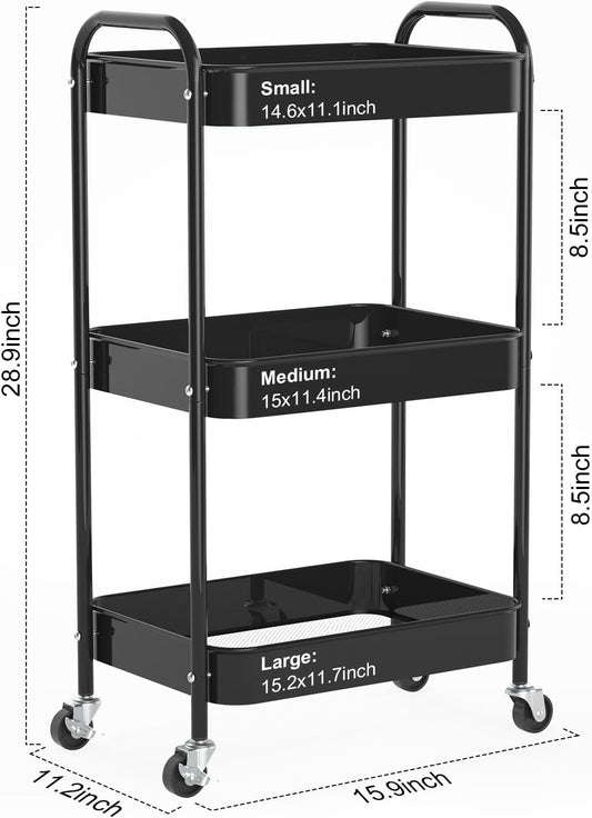 3-Tier Rolling Cart, Metal Utility Storage Carts with Wheels, Black