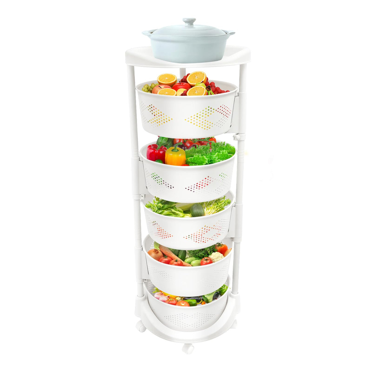 4-Tier Adjustable Kitchen Storage Rack,4 Layer Rotating Vegetable Organizer with Lockable Casters,Multi-Layers Rotatable Baskets for Kitchen Bathroom Living Room,White