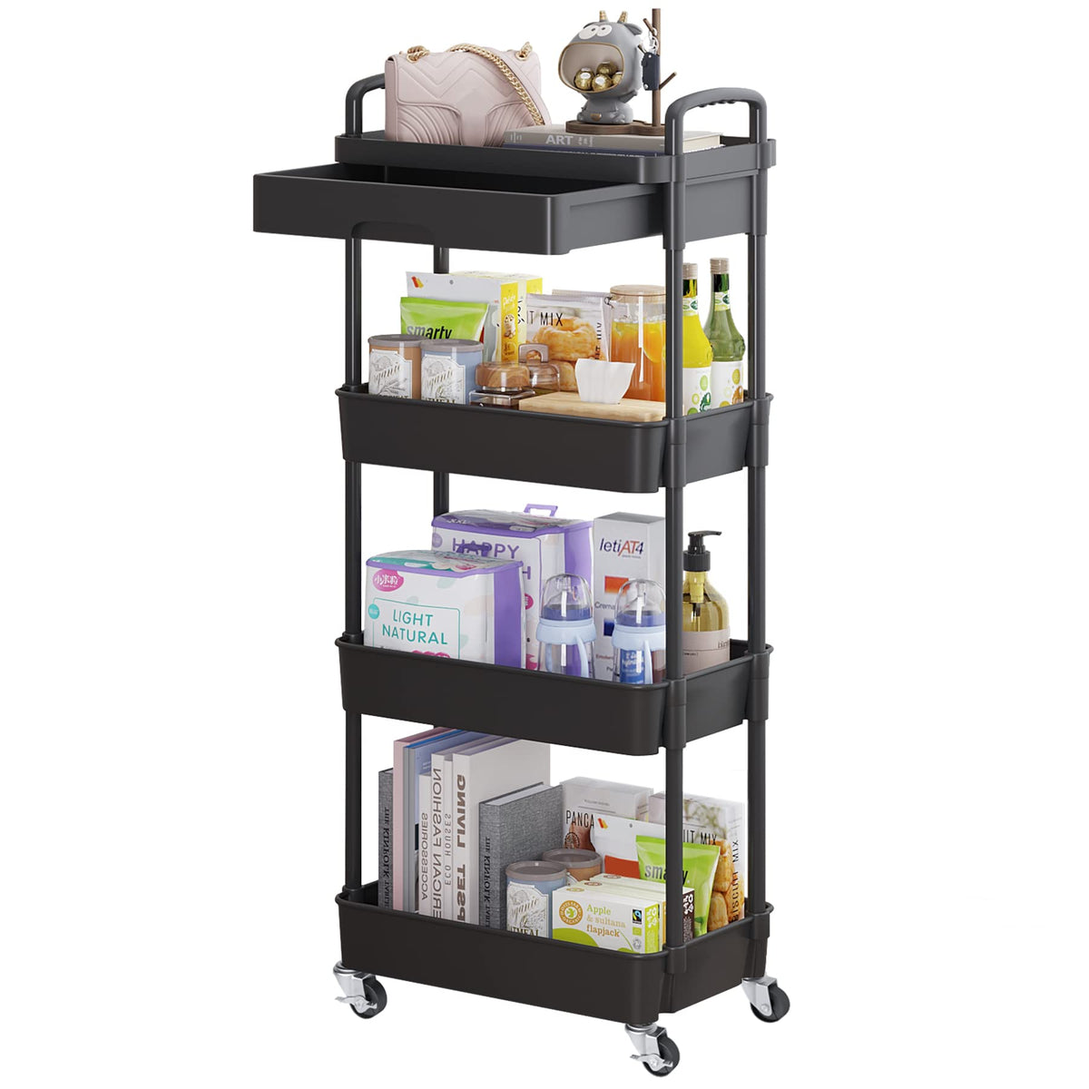 Calmootey 3-Tier Utility Cart with Drawer & Wheels, Storage for Home,Office