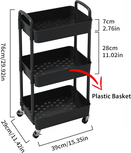 Sywhitta 3-Tier Plastic Rolling Utility Cart with Wheels for Storage,Black