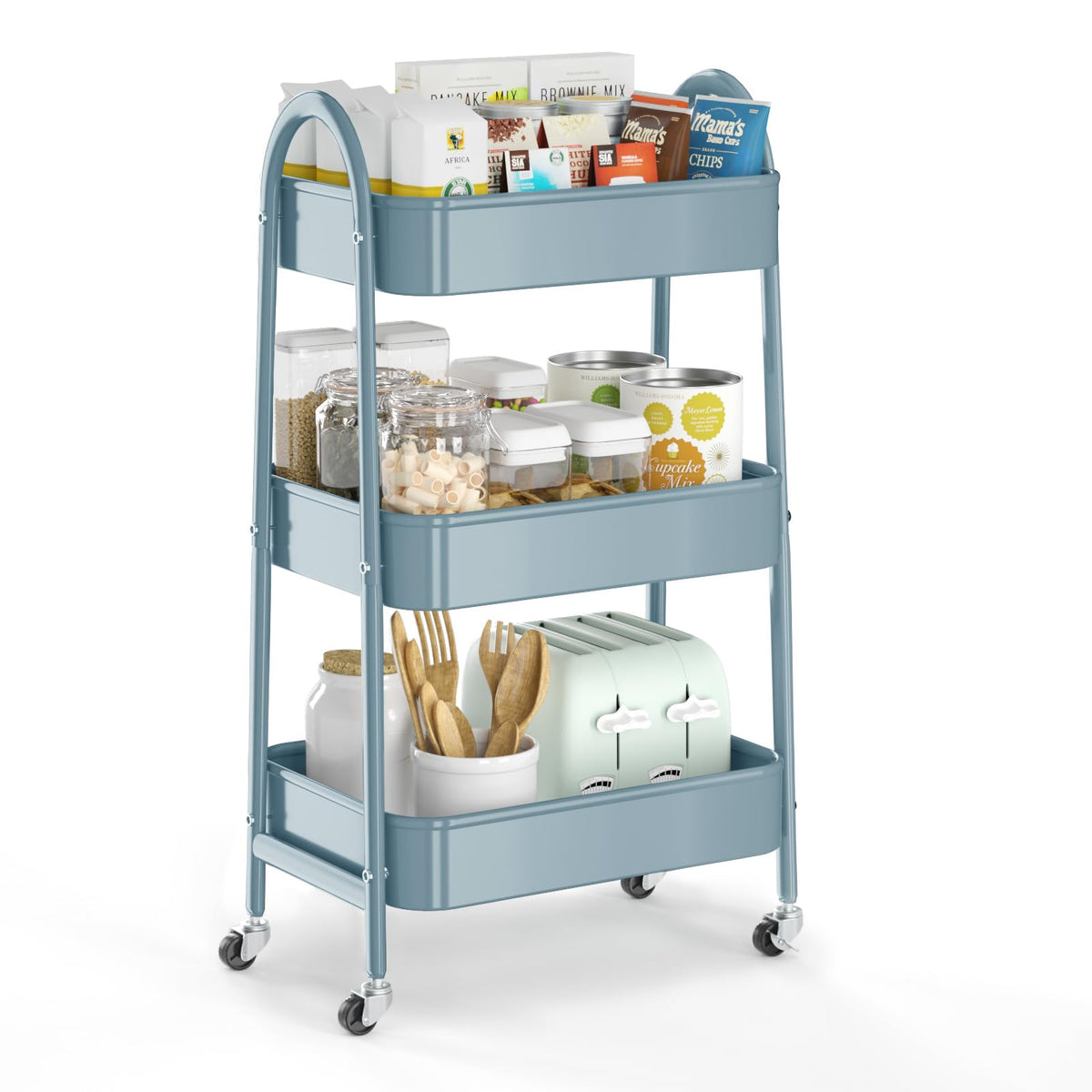 EAGMAK 3 Tier Utility Rolling Cart, Metal Storage Cart with Handle and Lockable Wheels, Multifunctional Storage Organizer Trolley with Mesh Baskets for Kitchen, Living Room, Office, Garage (Black)