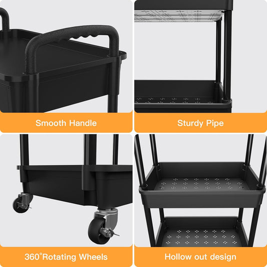 4 Tier Rolling Utility Cart with Drawer,REBECAT Utility Cart Made of Multifunctional Storage Organizer Tool for Kitchen,Bathroom,Living Room,Office(Black)