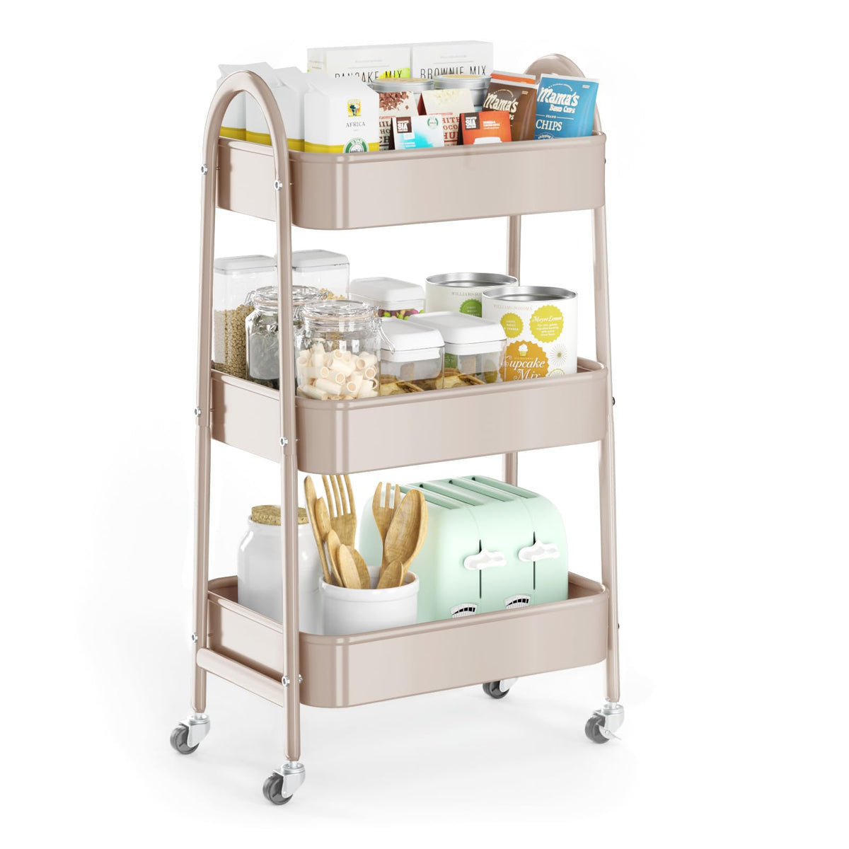 EAGMAK 3 Tier Utility Rolling Cart, Metal Storage Cart with Handle and Lockable Wheels, Multifunctional Storage Organizer Trolley with Mesh Baskets for Kitchen, Living Room, Office, Garage (Black)