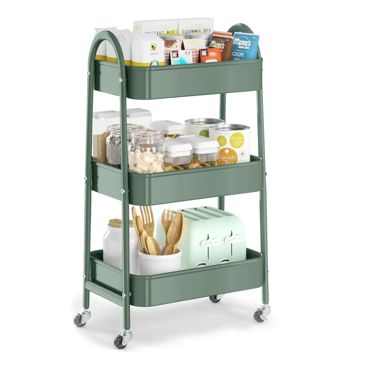 EAGMAK 3 Tier Utility Rolling Cart, Metal Storage Cart with Handle and Lockable Wheels, Multifunctional Storage Organizer Trolley with Mesh Baskets for Kitchen, Living Room, Office, Garage (Black)