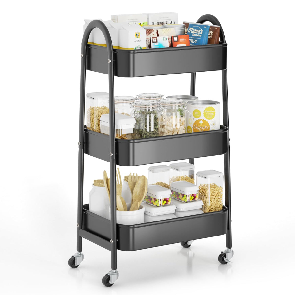 EAGMAK 3 Tier Utility Rolling Cart, Metal Storage Cart with Handle and Lockable Wheels, Multifunctional Storage Organizer Trolley with Mesh Baskets for Kitchen, Living Room, Office, Garage (Black)