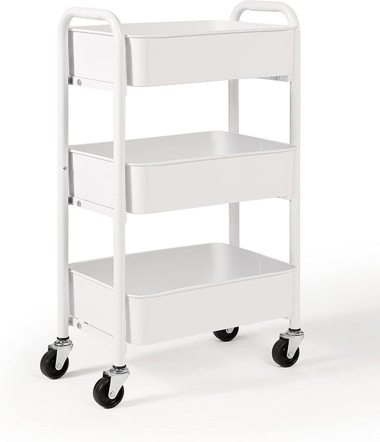 SunnyPoint 3-Tier Delicate Compact Rolling Metal Storage Organizer - Mobile Utility Cart Kitchen/Under Desk Cart with Caster Wheels - WHT (15.35" X 10.24" X 26.8"H)