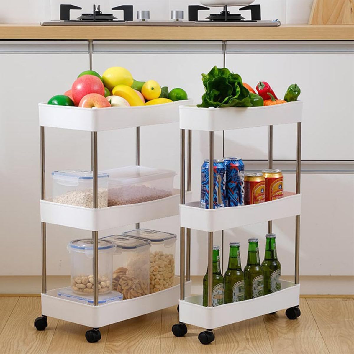 Rolling Storage Rack with Wheels 3 Shelf for Kitchen Balcony Use