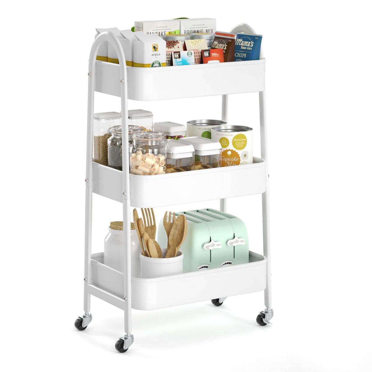 EAGMAK 3 Tier Utility Rolling Cart, Metal Storage Cart with Handle and Lockable Wheels, Multifunctional Storage Organizer Trolley with Mesh Baskets for Kitchen, Living Room, Office, Garage (Black)
