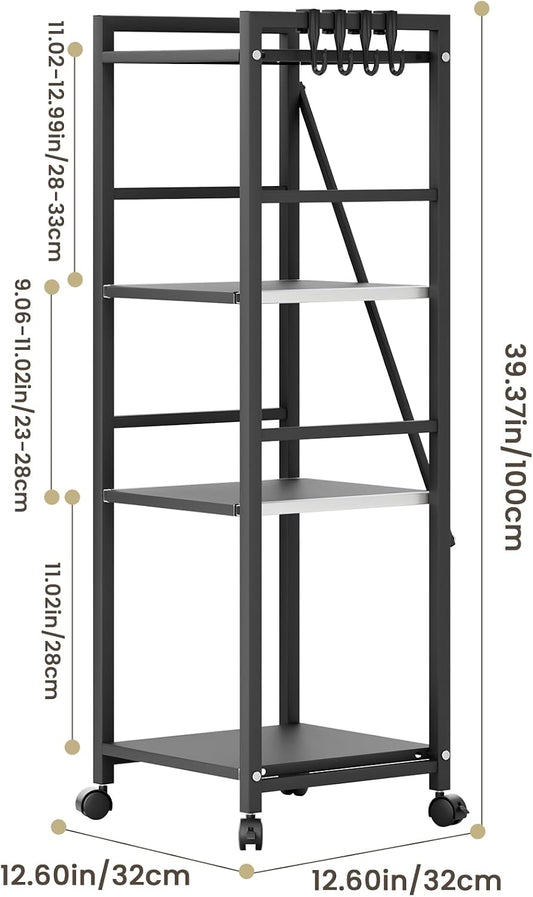 HEVIRGO 4 Tier Kitchen Storage Shelf Trolley with Wheels, Multipurpose Strong Load-Capacity Adjustable Free-Standing Storage Rack, Easy Assembly Storages Shelf Trolley Black Triple Layer