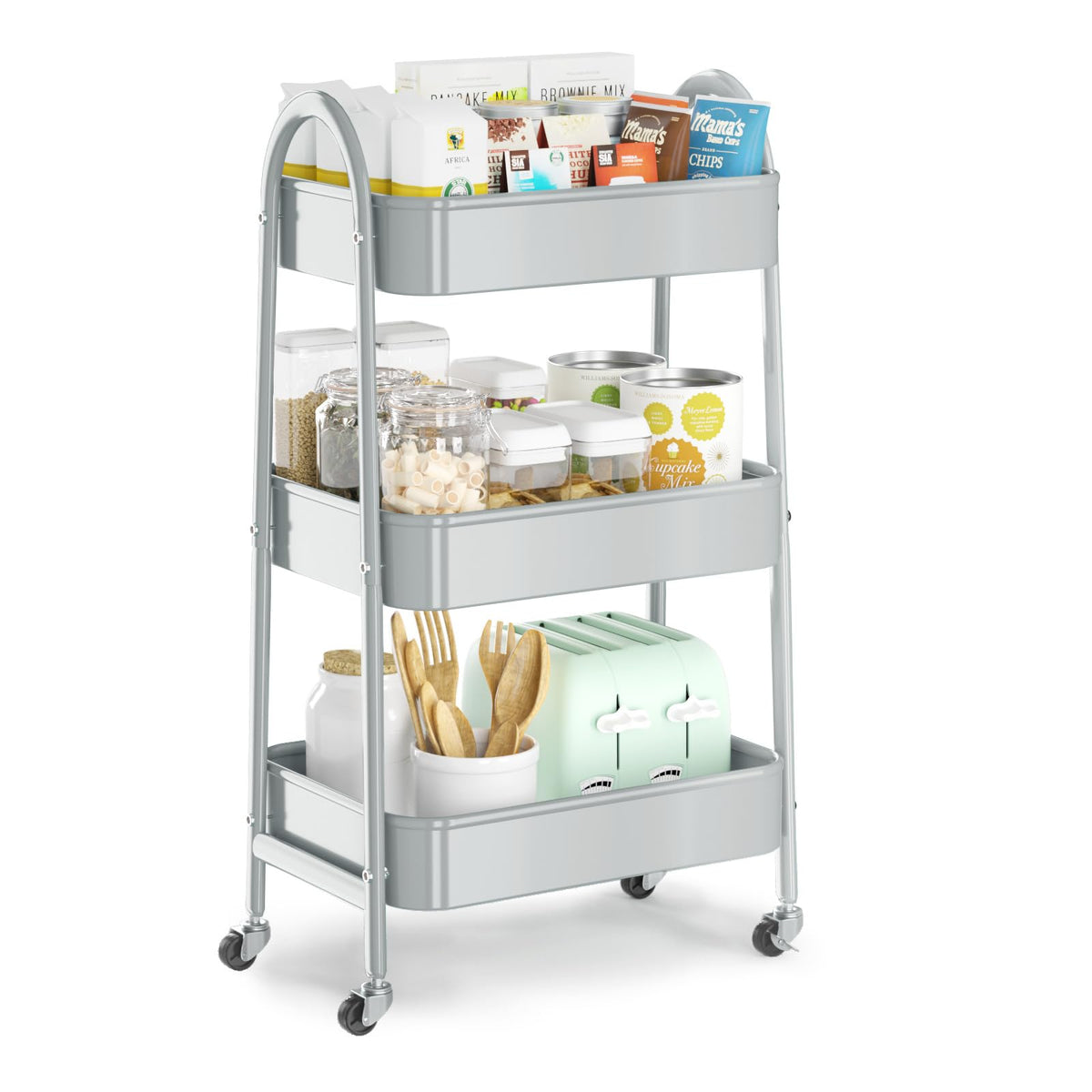 EAGMAK 3 Tier Utility Rolling Cart, Metal Storage Cart with Handle and Lockable Wheels, Multifunctional Storage Organizer Trolley with Mesh Baskets for Kitchen, Living Room, Office, Garage (Black)