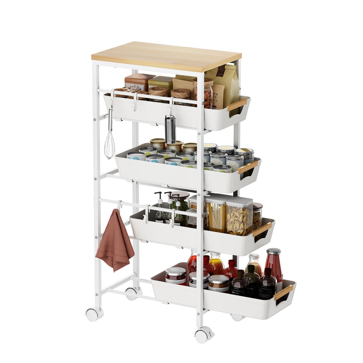 5-Tier Kitchen Storage Cart, Wood Top Rolling Cart Organizer with Pull-Out Baskets & Wheels, Metal Snack Cart with Holder for Fruit, Vegetable, Microwave, Kitchen, Pantry, Black