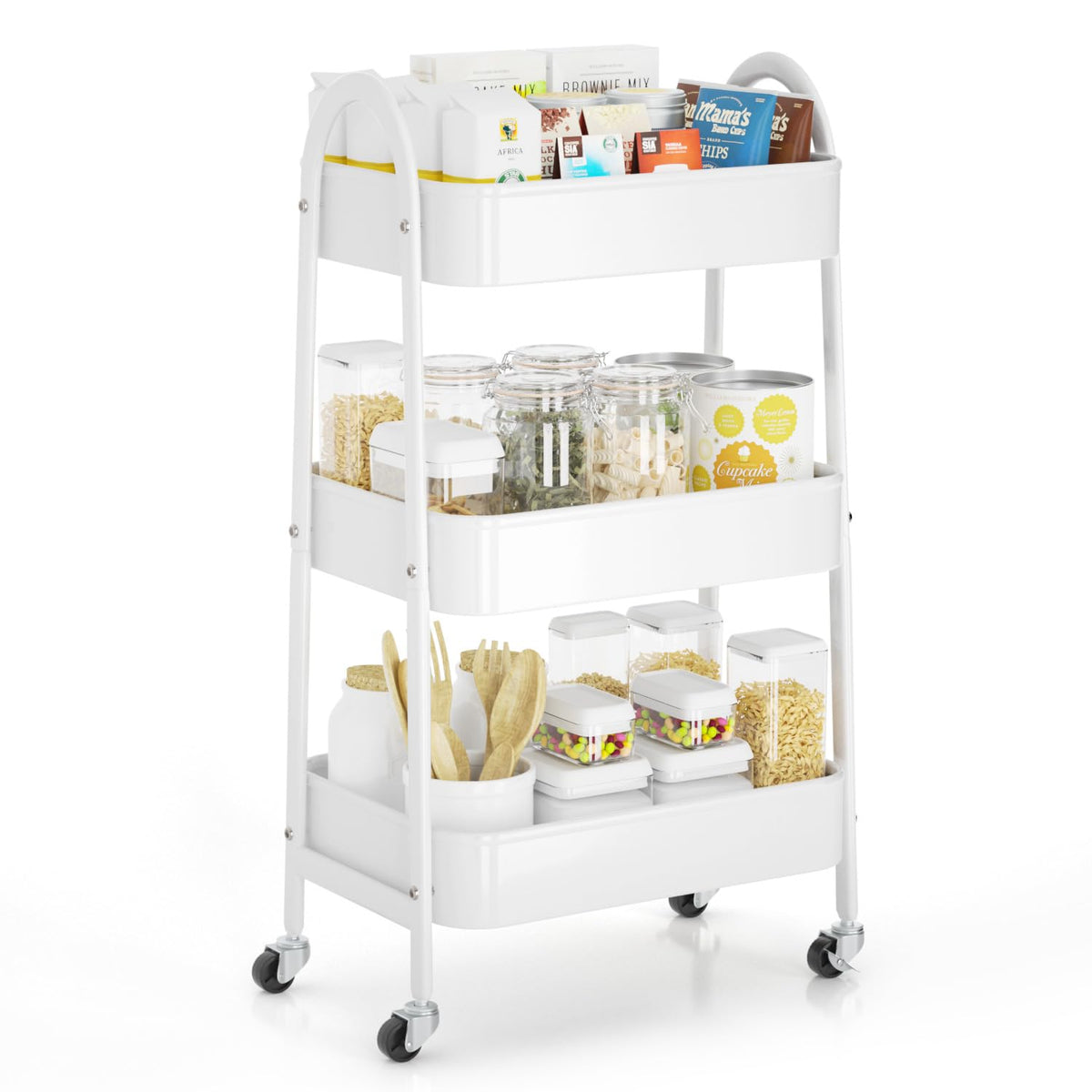 EAGMAK 3 Tier Utility Rolling Cart, Metal Storage Cart with Handle and Lockable Wheels, Multifunctional Storage Organizer Trolley with Mesh Baskets for Kitchen, Living Room, Office, Garage (Black)
