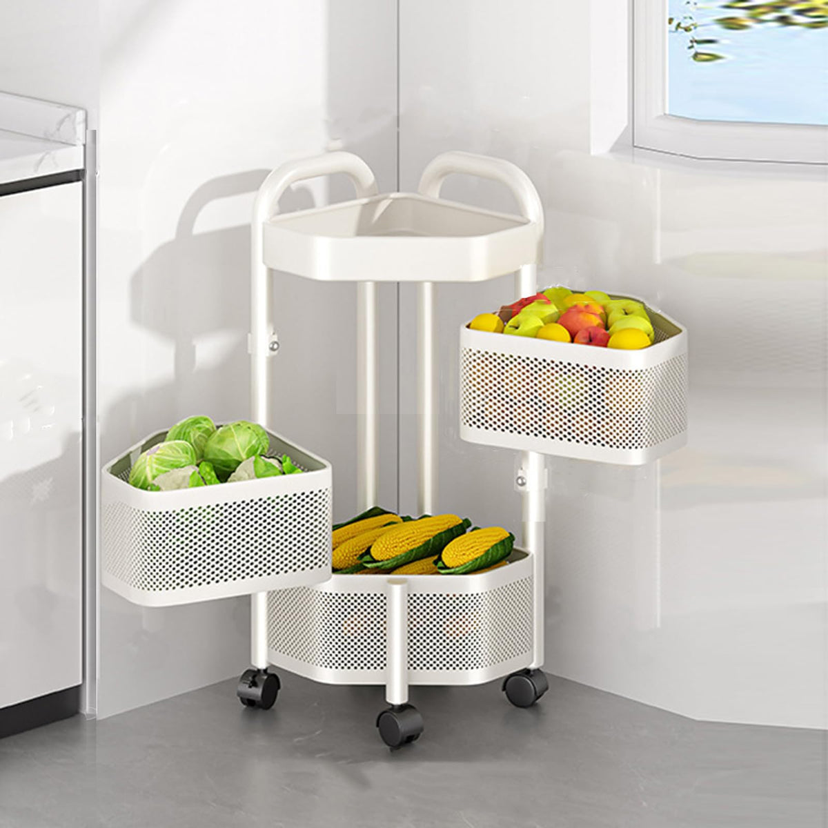 4 Tier Rotating Storage Rack with Removable Basket and Wheels,Kitchen Cart for Fruit Vegetable,White
