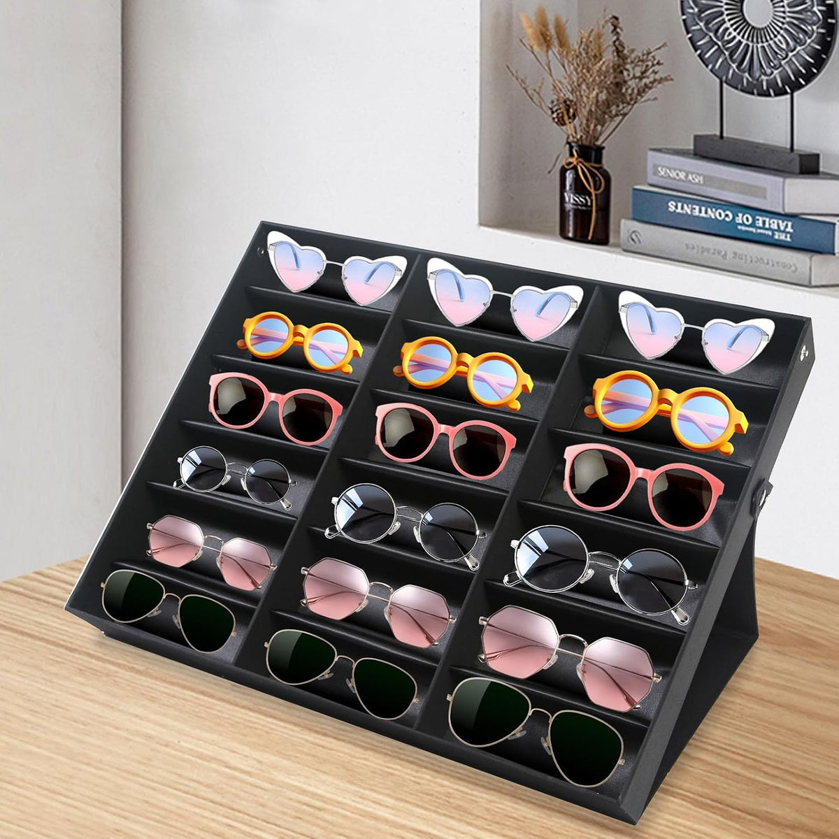 Sunglasses Organizer Box, 18 Slot Display Sunglasses Case, Multiple Glasses Tray Rectangular Watches Organizer Box Stand, Storage Eyeglasses Holder for Homes Store Offices