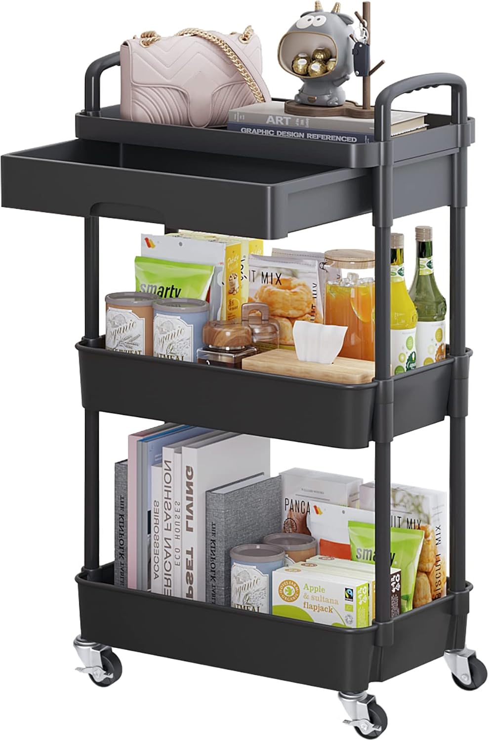 Calmootey 3-Tier Utility Cart with Drawer & Wheels, Storage for Home,Office