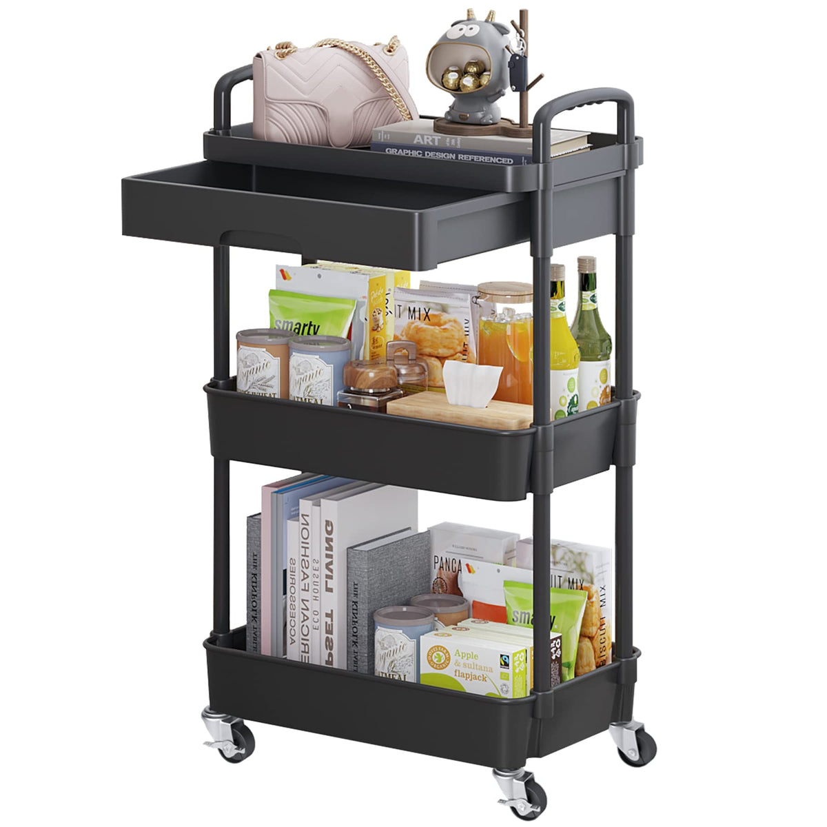 Calmootey 3-Tier Utility Cart with Drawer & Wheels, Storage for Home,Office