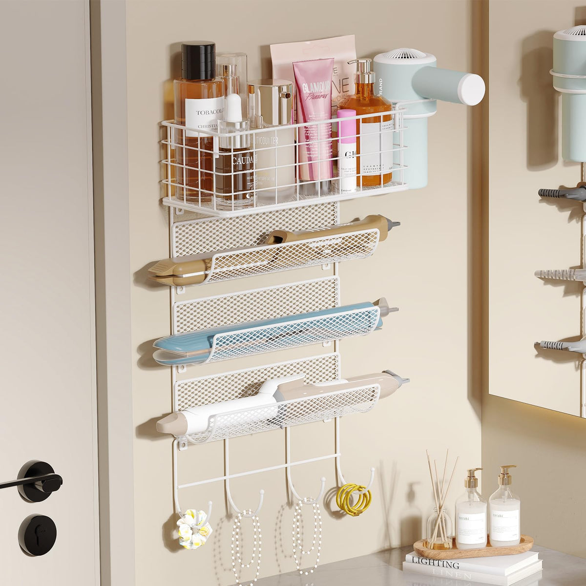 Wall-Mounted Hair Dryer Holder Styling Tool Organizer 4-Shelf Storage Wire Basket with Hook Heat Safe Rack for Hair-Straighteners,Curling Wands,Flat Iron,Cabinet Door Bathroom Kitchen White