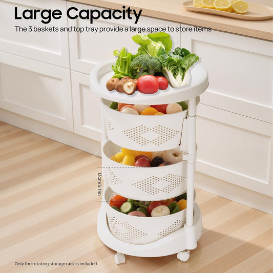 Ringmaster 3 Tier Rotating Storage Rack Multi-Layer Storage Shelves Organizer,Floor Standing Kitchen Storage Cart with Wheels,Fruit Vegetable Storage Basket Shelf for Living Room,Kitchen,Bathroom