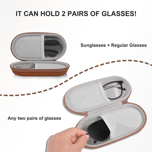 Double Glasses Case,Dual Eyeglasses & Sunglasses Organizer with Clip Zipper Closure for Travel 2 Pairs Storage Box
