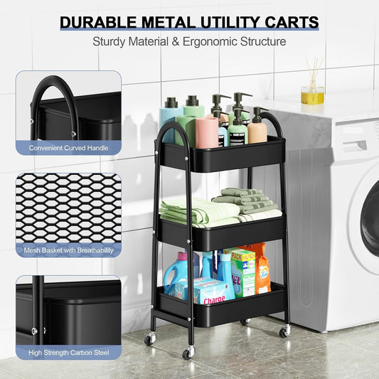EAGMAK 3 Tier Utility Rolling Cart, Metal Storage Cart with Handle and Lockable Wheels, Multifunctional Storage Organizer Trolley with Mesh Baskets for Kitchen, Living Room, Office, Garage (Black)