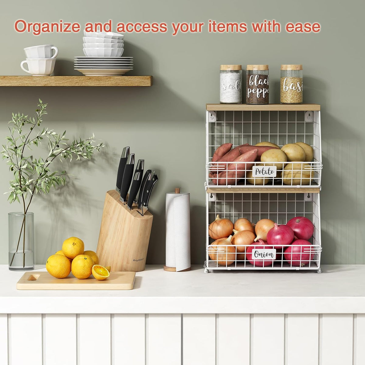 Goozii White Fruit Storage Basket for Kitchen Counter Set of 2, Wall Mount Wire Fruit Basket with Shelf with Banana Hanger, Hanging Countertop Organizer for Bathroom Pantry Cabinet, White + Natural