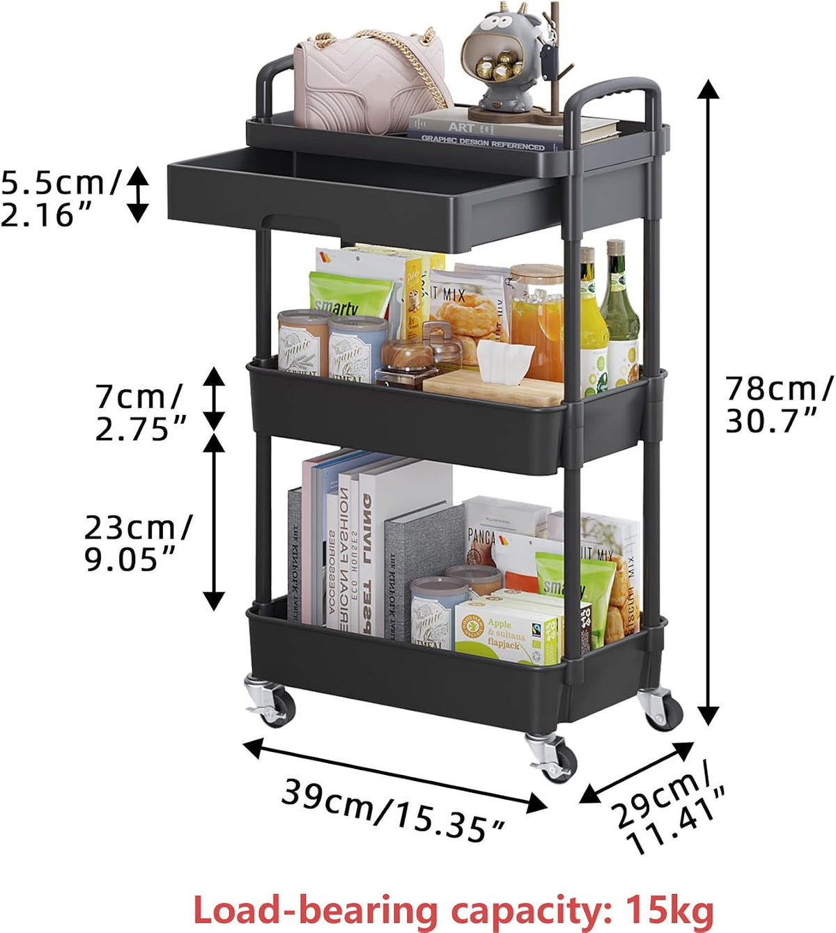 Calmootey 3-Tier Utility Cart with Drawer & Wheels, Storage for Home,Office