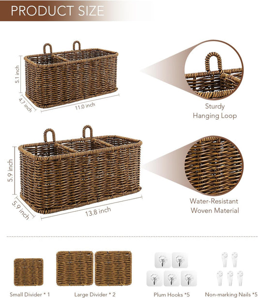 AceList Hanging Wall Basket with Removable Dividers, Set of 2 Woven Storage Baskets - Faux Rattan Wall Mounted Organizer for Kitchen Bathroom, Includes 5 Clear Hooks & 5 No-Mark Nails, Boho Decor