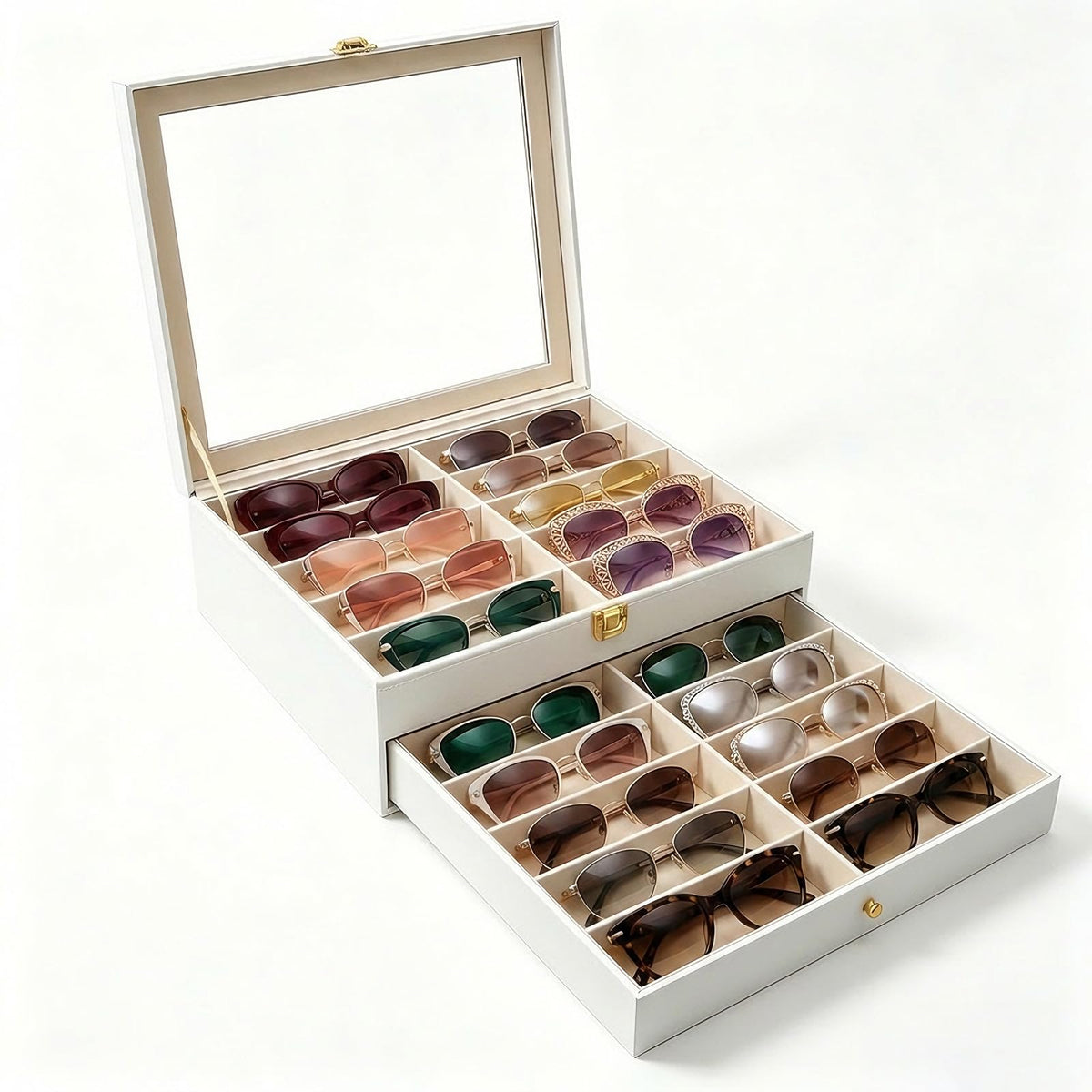 20 Slots Sunglasses Storage Jewelry Box, PU Leather Large Sunglasses Organizer Case Holder with Clear Lid