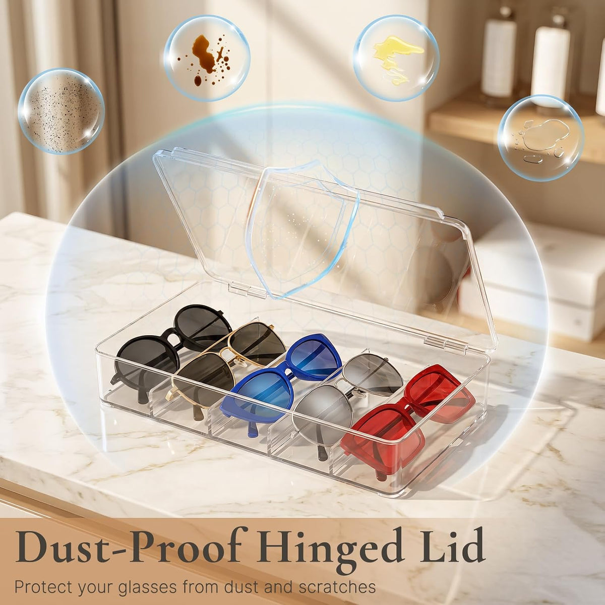 4 Pack Sunglass Organizer, Clear Acrylic Stackable Eyeglass Storage Box Holder, Sunglasses Case Glasses Display Case with Hinged Lid
