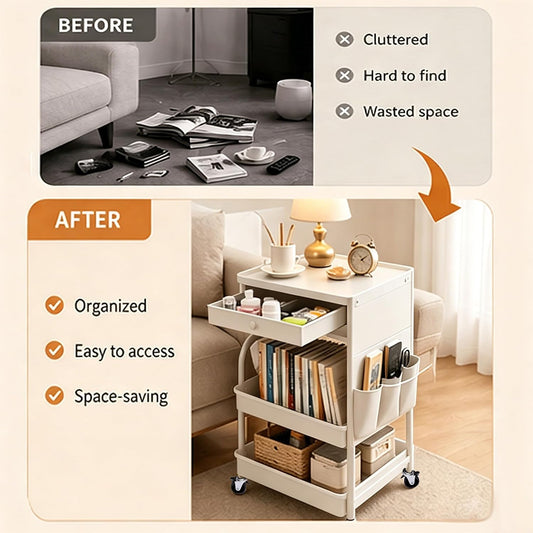 BLULEE 3-Tier Rolling Storage Cart with Pull-Out Drawer & Side Organizer
