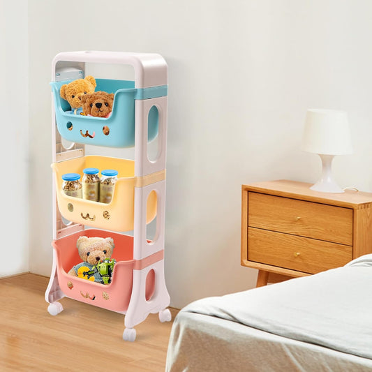 3 Tier Kids' Toys Storage Organizer Bins Baskets, Utility Rolling Fabric Storage Rack Trolley Toy Cart Trolley with Large Storage Boxes, Large Capacity Rolling Carts for Crib, Bedroom, Bathroom