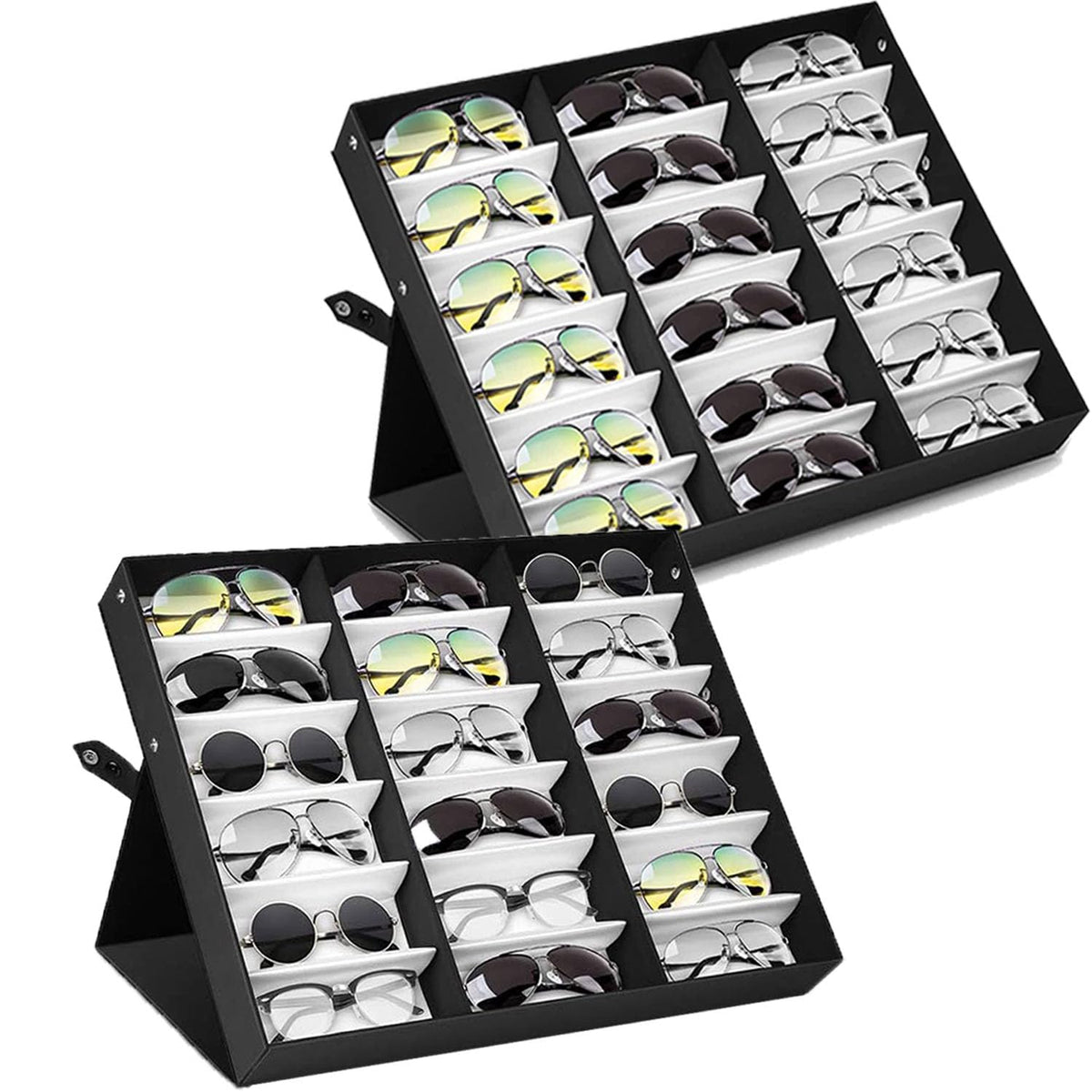 18 Slot Sunglasses Organizer Storage Multiple Eyeglasses Holder Display Case/Tray, Polyester Silk Lined & Snap Closure
