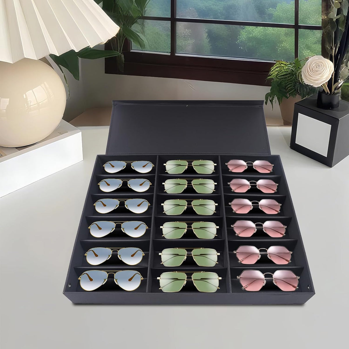 Sunglasses Organizer Box, 18 Slot Display Sunglasses Case, Multiple Glasses Tray Rectangular Watches Organizer Box Stand, Storage Eyeglasses Holder for Homes Store Offices